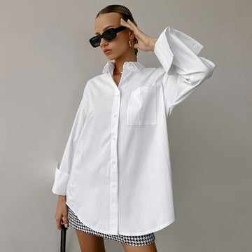 Camicia Donna Oversize Cotone Traspirante Manica Lunga Stile Casual