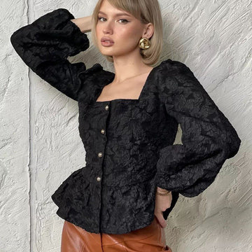 Blusa Jacquard Donna con Collo Quadrato in Stile Francese