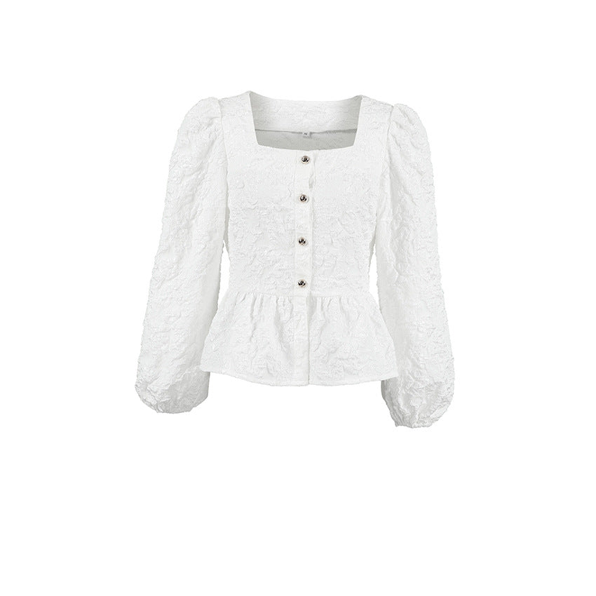 Blusa Jacquard Donna con Collo Quadrato in Stile Francese
